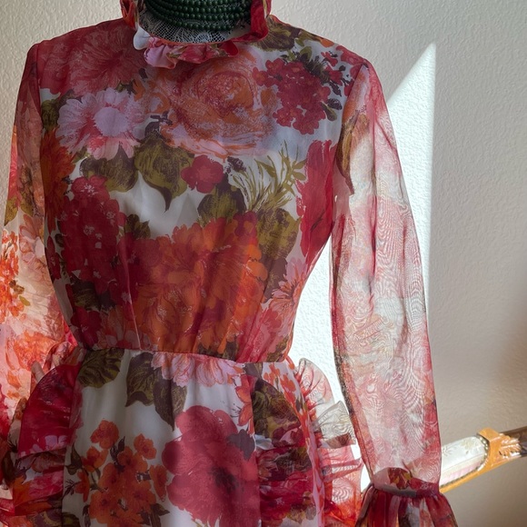 Vintage 1960s Small Floral Full Length Sheer Gown with Ruffle Detail - 60s Pink - Picture 3 of 11